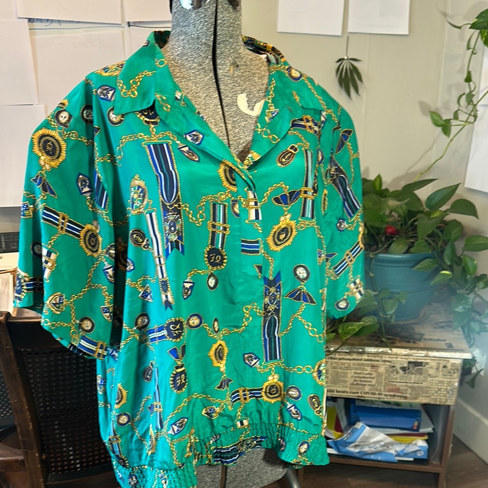 Alfred Dunner Teal and Gold Chain Print Blouse